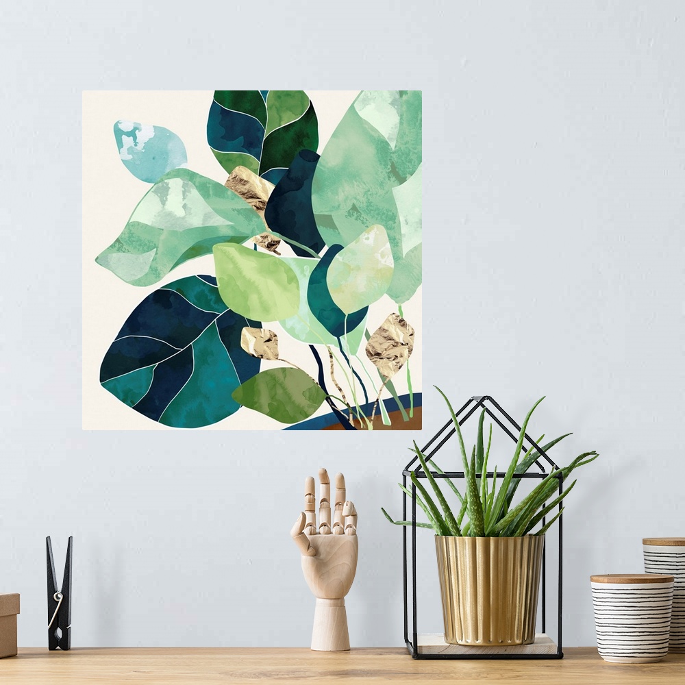A bohemian room featuring Abstract depiction of a house plant with indigo, gold, green, teal, sage and brown.