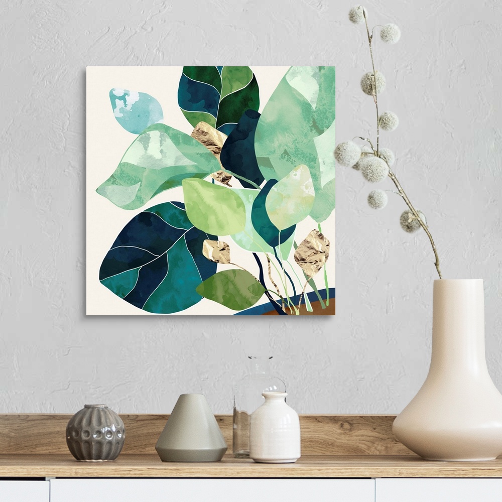A farmhouse room featuring Abstract depiction of a house plant with indigo, gold, green, teal, sage and brown.