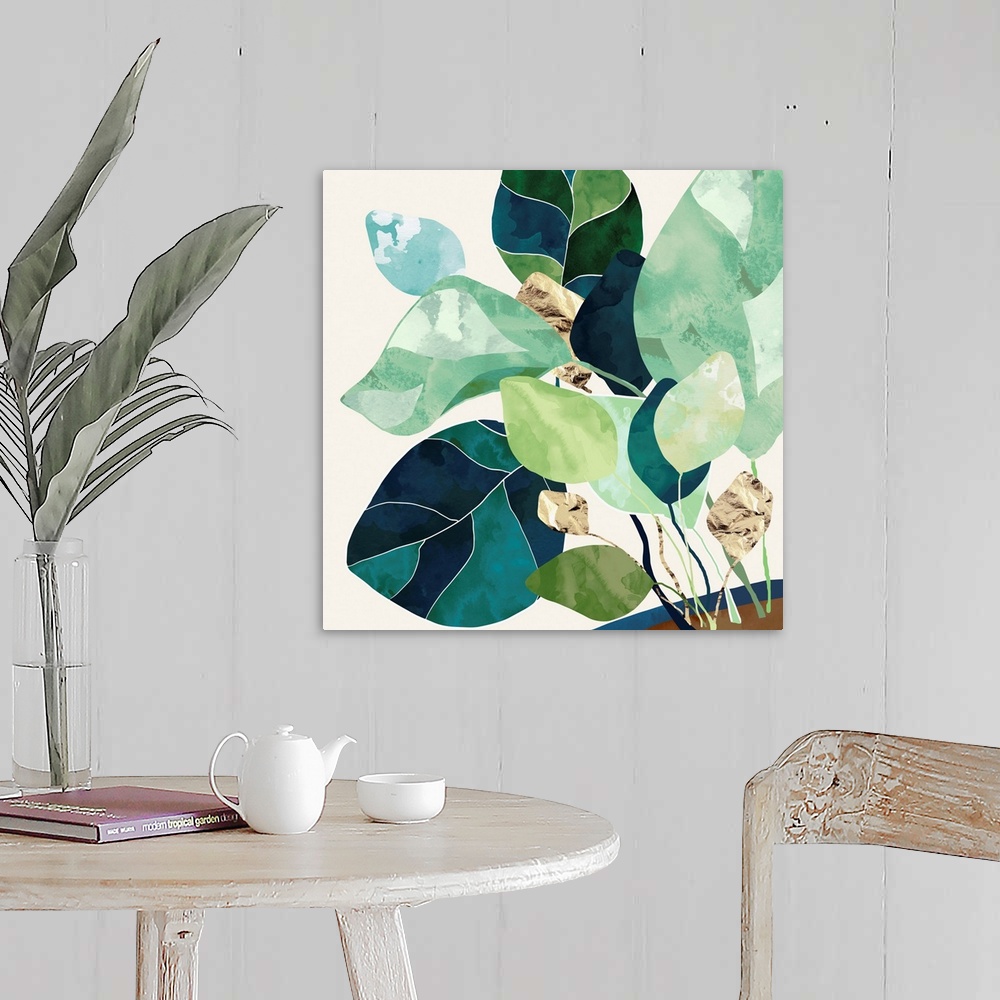 A farmhouse room featuring Abstract depiction of a house plant with indigo, gold, green, teal, sage and brown.