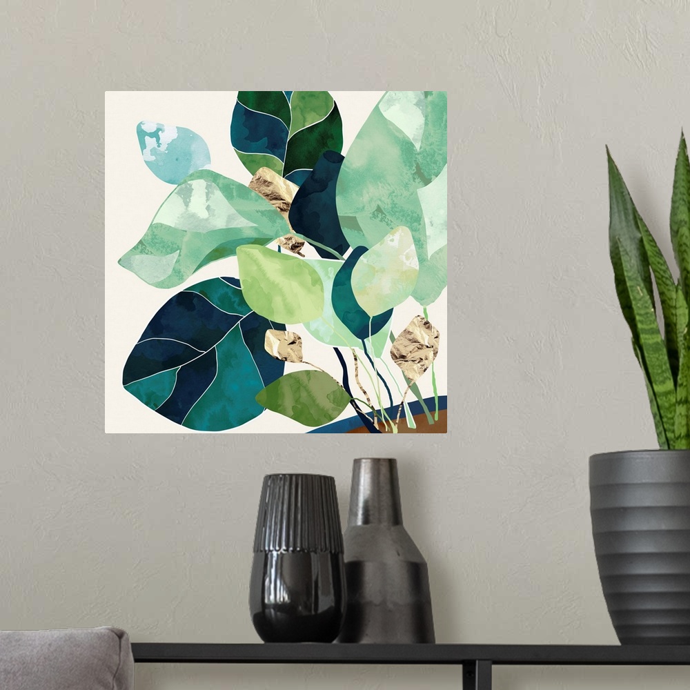 A modern room featuring Abstract depiction of a house plant with indigo, gold, green, teal, sage and brown.