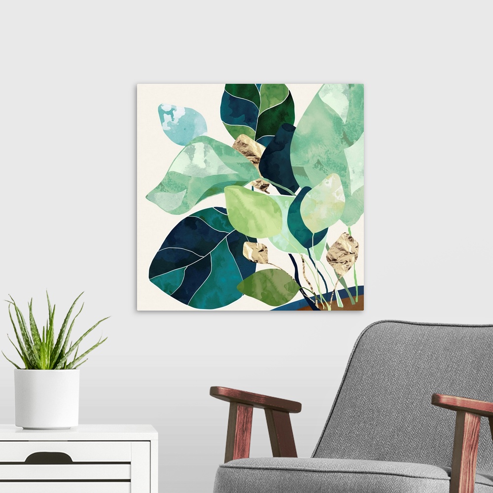 A modern room featuring Abstract depiction of a house plant with indigo, gold, green, teal, sage and brown.