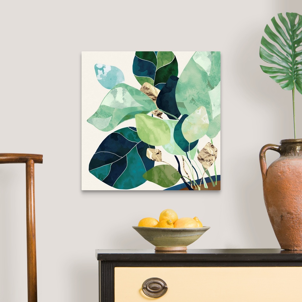 A traditional room featuring Abstract depiction of a house plant with indigo, gold, green, teal, sage and brown.