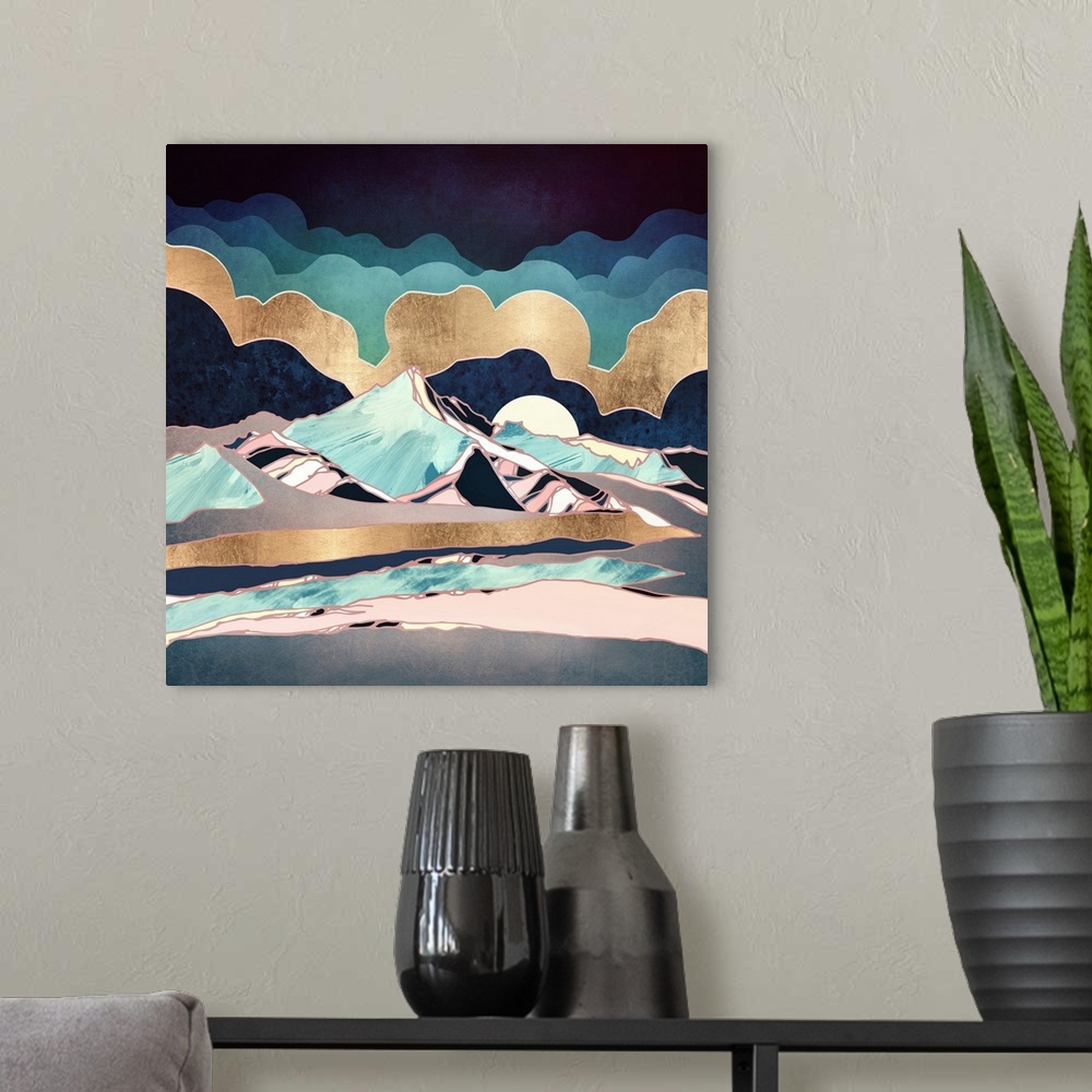 A modern room featuring Abstract landscape of an indigo spring with mountains, blue, gold and pink.
