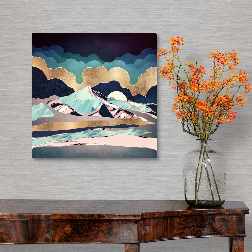 A traditional room featuring Abstract landscape of an indigo spring with mountains, blue, gold and pink.