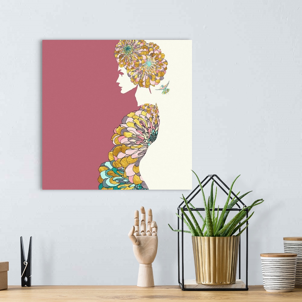 A bohemian room featuring Abstract depiction of a woman with flowers, humming bird, pink, teal and gold.