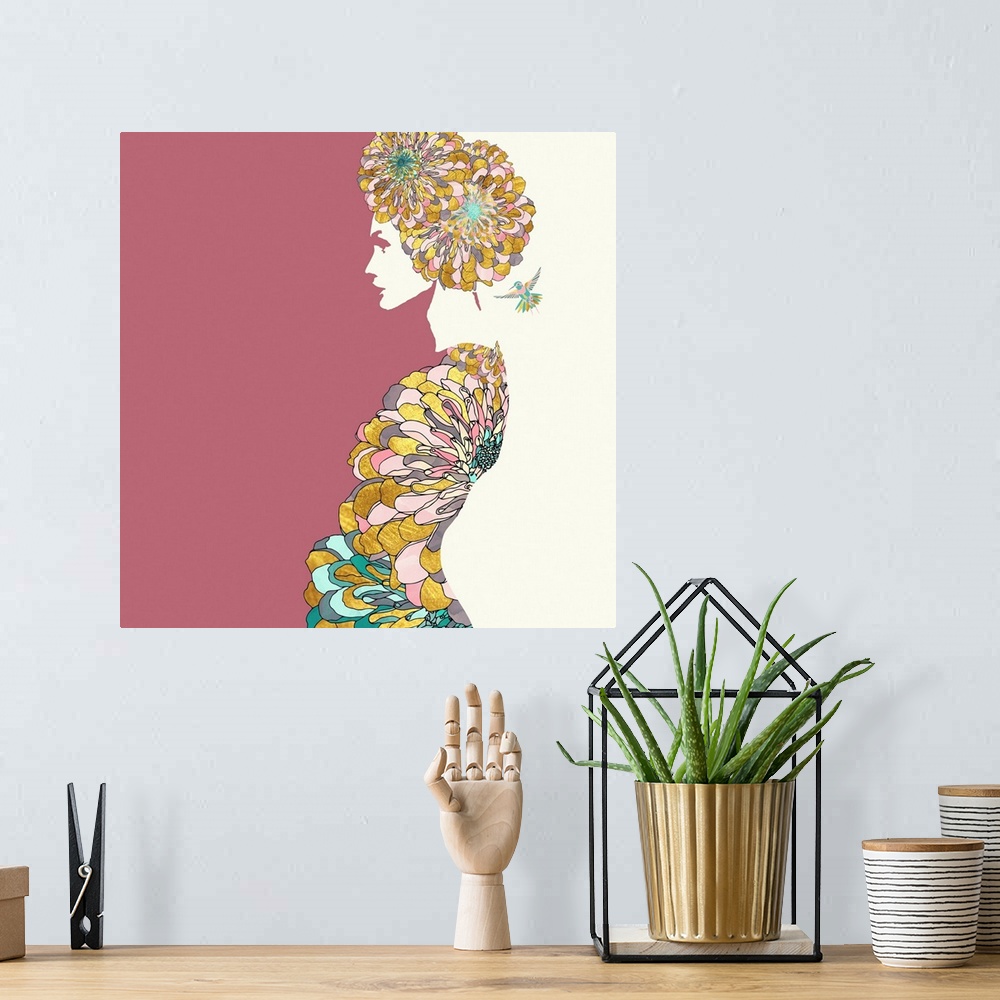 A bohemian room featuring Abstract depiction of a woman with flowers, humming bird, pink, teal and gold.