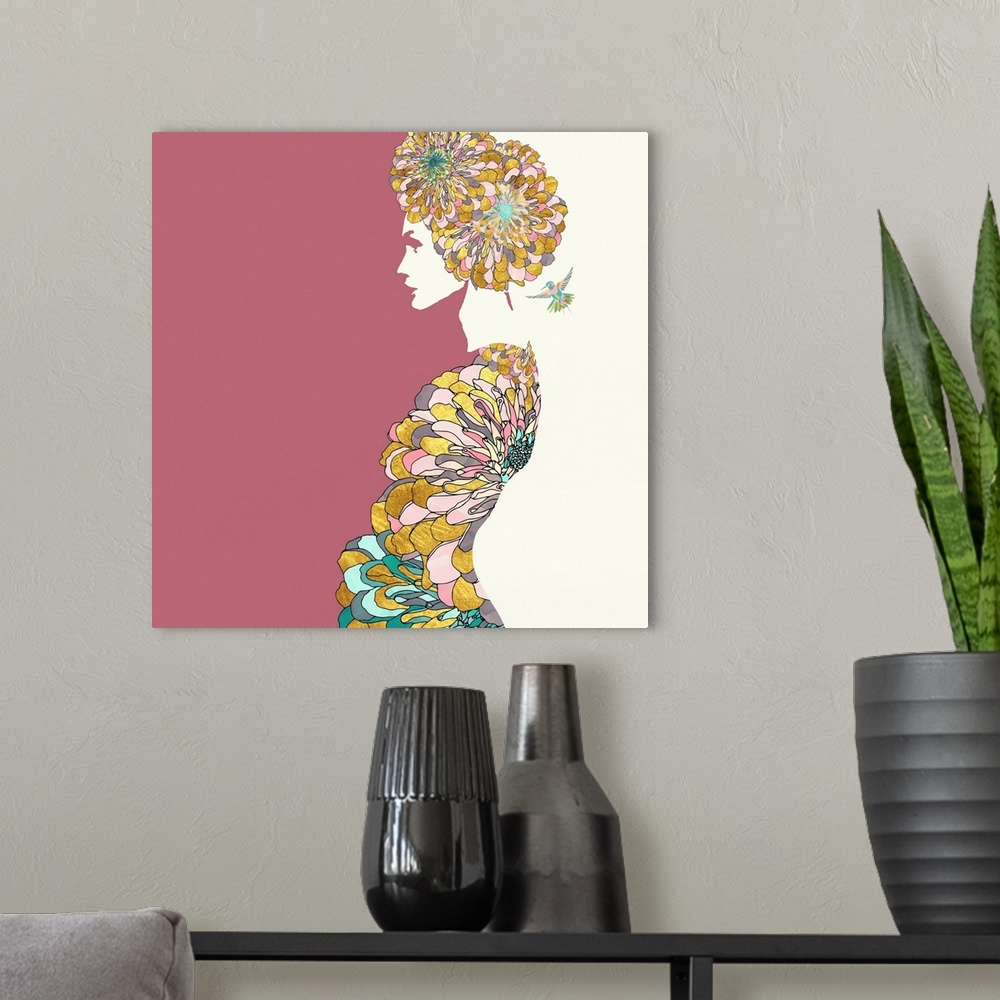 A modern room featuring Abstract depiction of a woman with flowers, humming bird, pink, teal and gold.