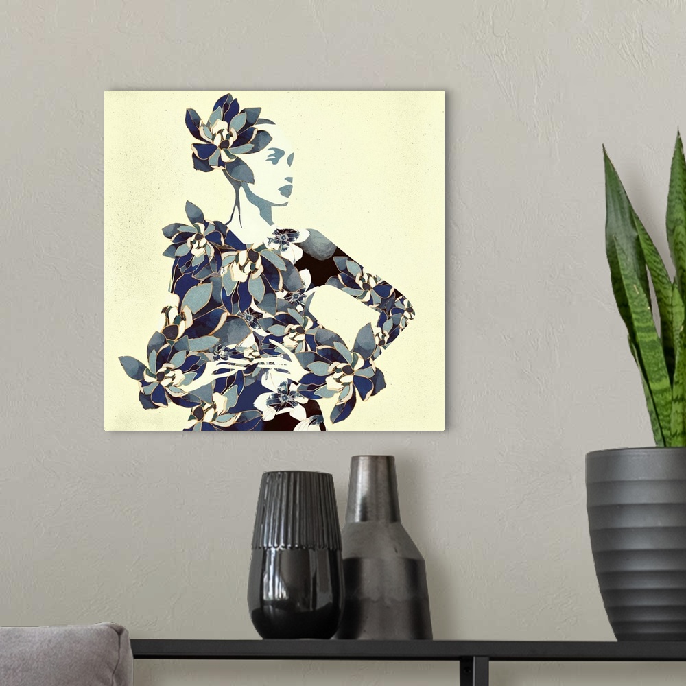 A modern room featuring Abstract depiction of a woman with floral print, blue, yellow and ivory.