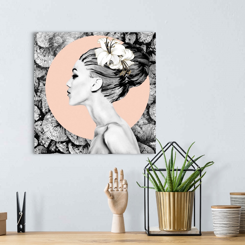 A bohemian room featuring Abstract depiction of a woman with floral background, black, pink and gold.