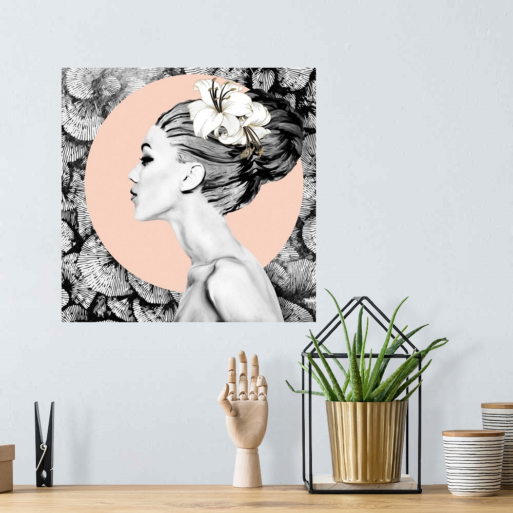 A bohemian room featuring Abstract depiction of a woman with floral background, black, pink and gold.