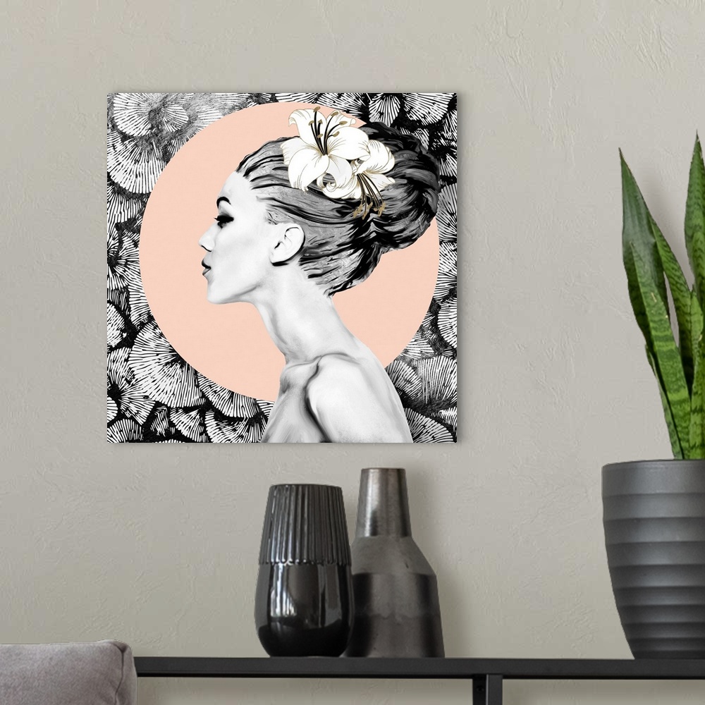 A modern room featuring Abstract depiction of a woman with floral background, black, pink and gold.