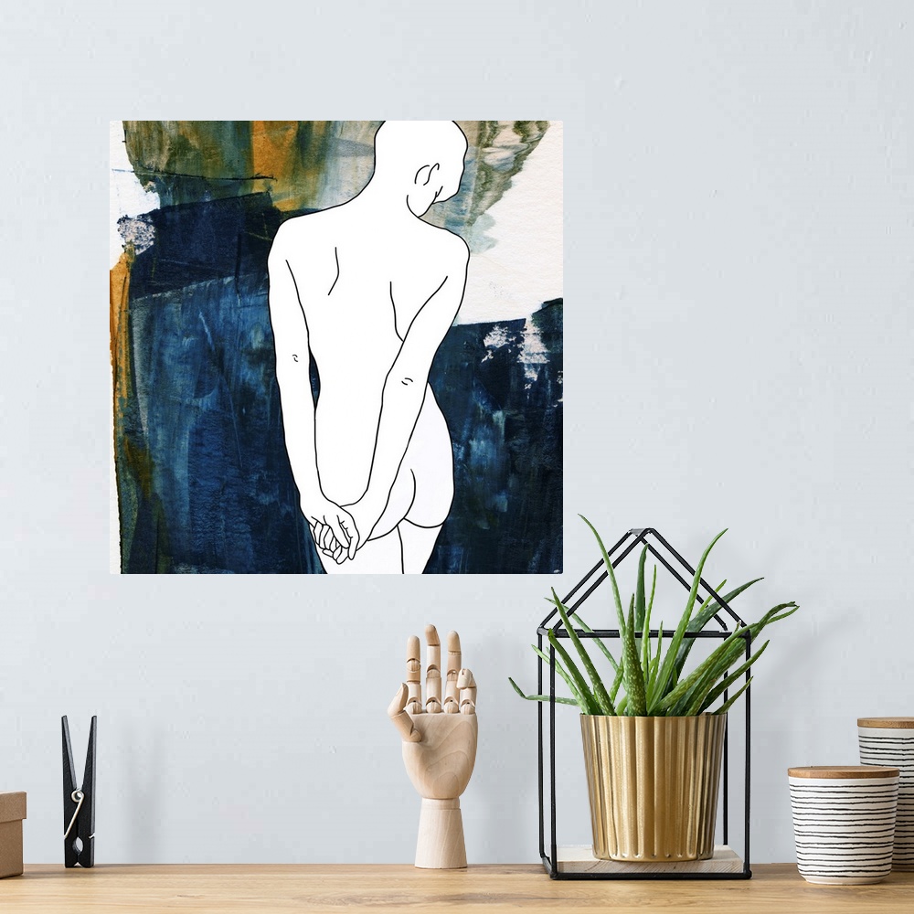 A bohemian room featuring Abstract depiction of a woman in a moment of calm with blue, white and orange.