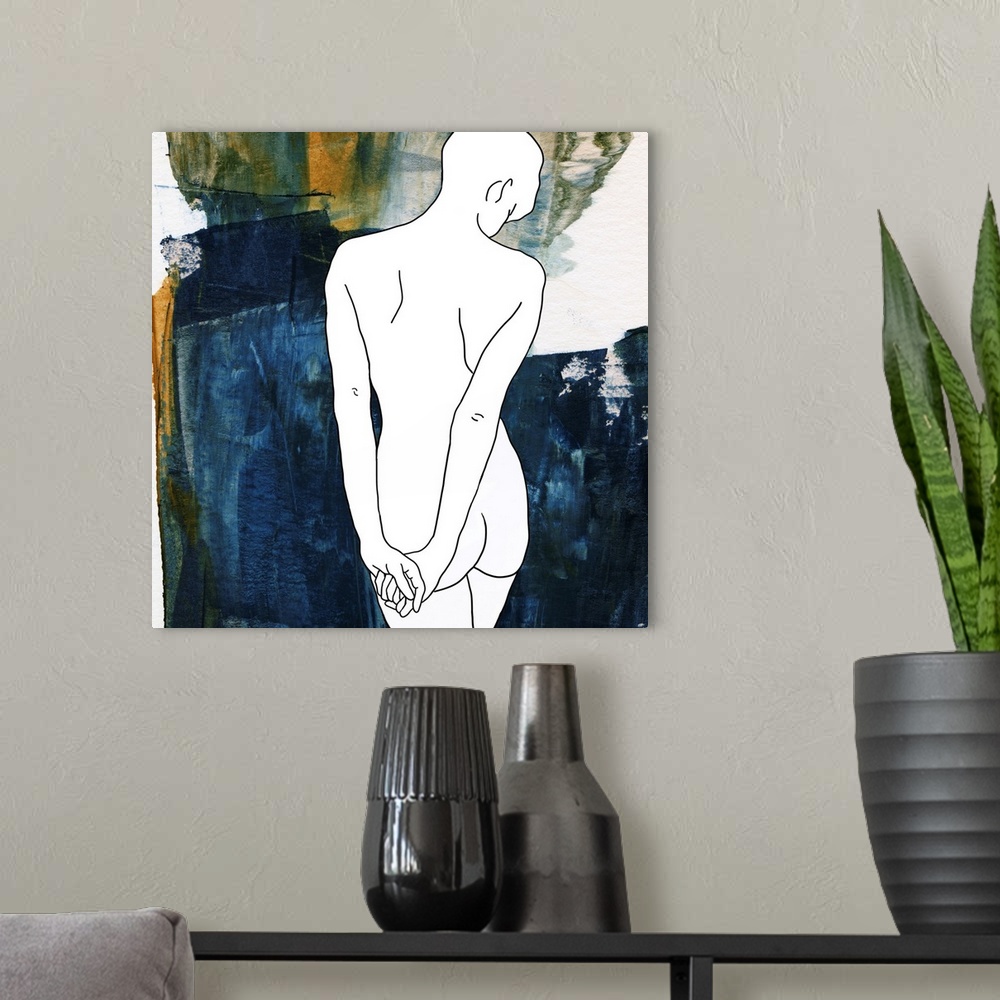 A modern room featuring Abstract depiction of a woman in a moment of calm with blue, white and orange.