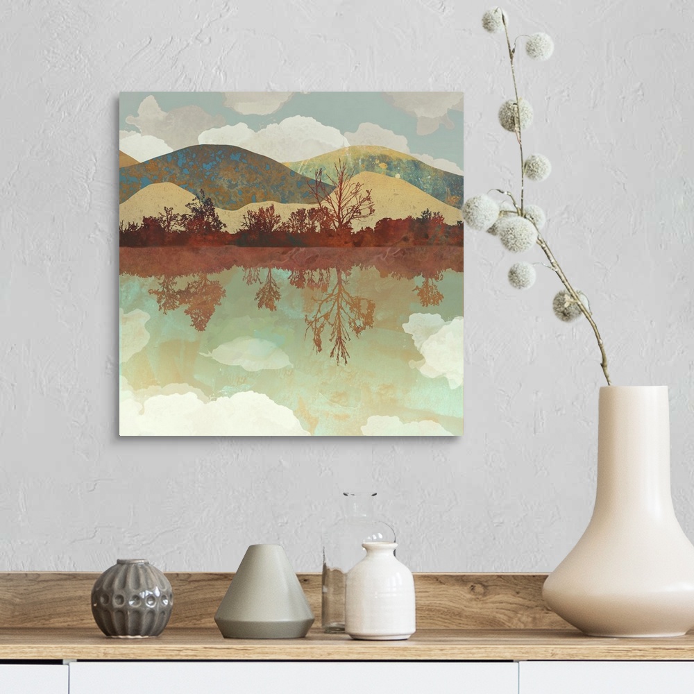 A farmhouse room featuring Abstract depiction of a landscape with water, mountains, trees and clouds.