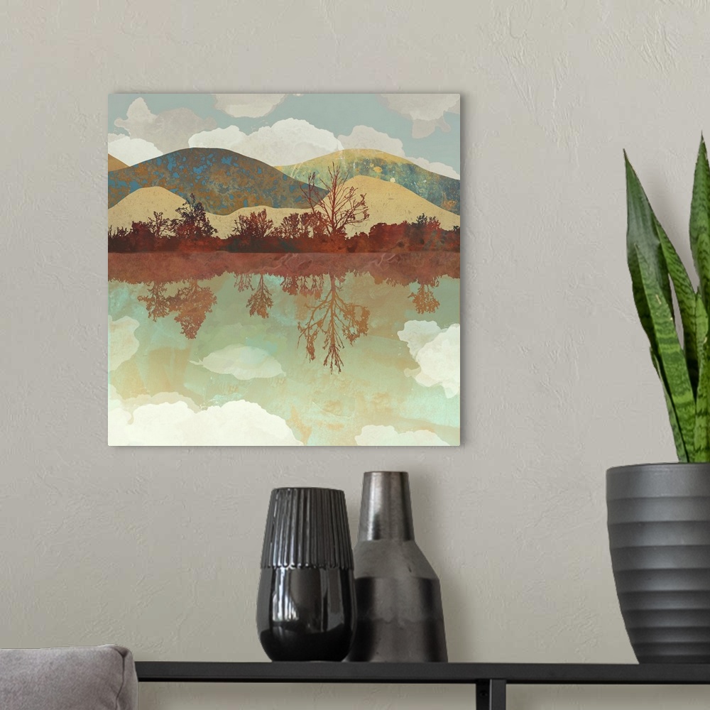 A modern room featuring Abstract depiction of a landscape with water, mountains, trees and clouds.