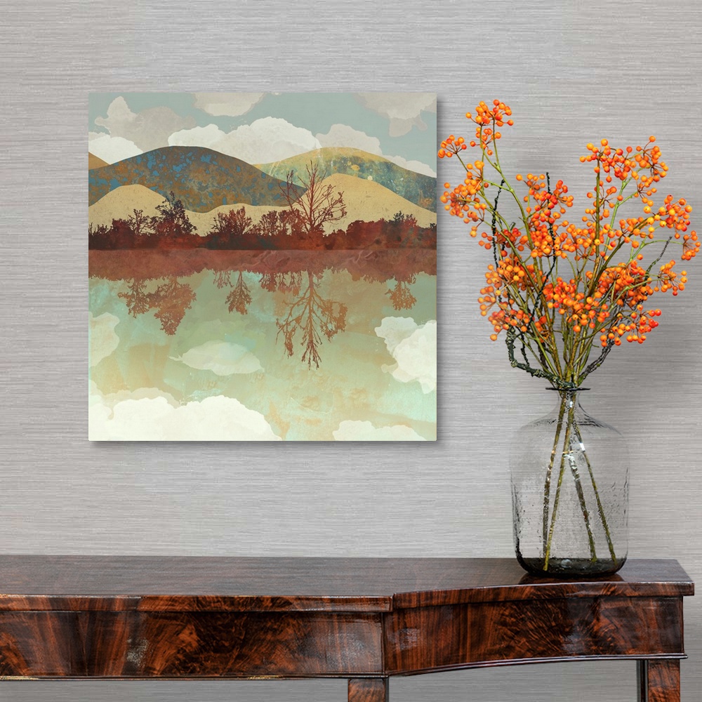 A traditional room featuring Abstract depiction of a landscape with water, mountains, trees and clouds.