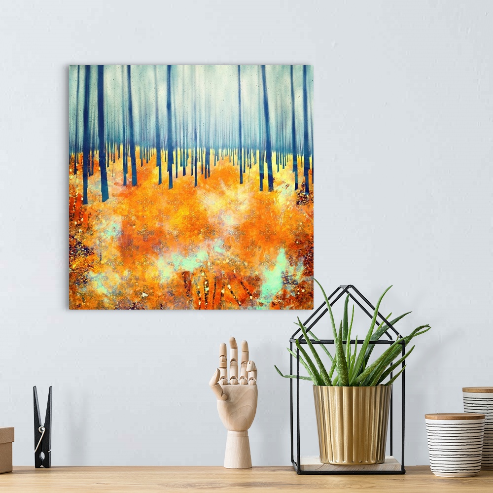 A bohemian room featuring Abstract depiction of a forest floor in late autumn with blue, orange and red.