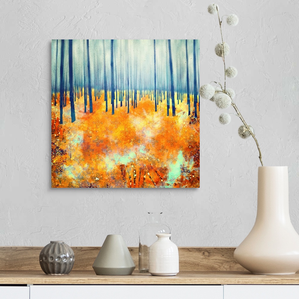A farmhouse room featuring Abstract depiction of a forest floor in late autumn with blue, orange and red.