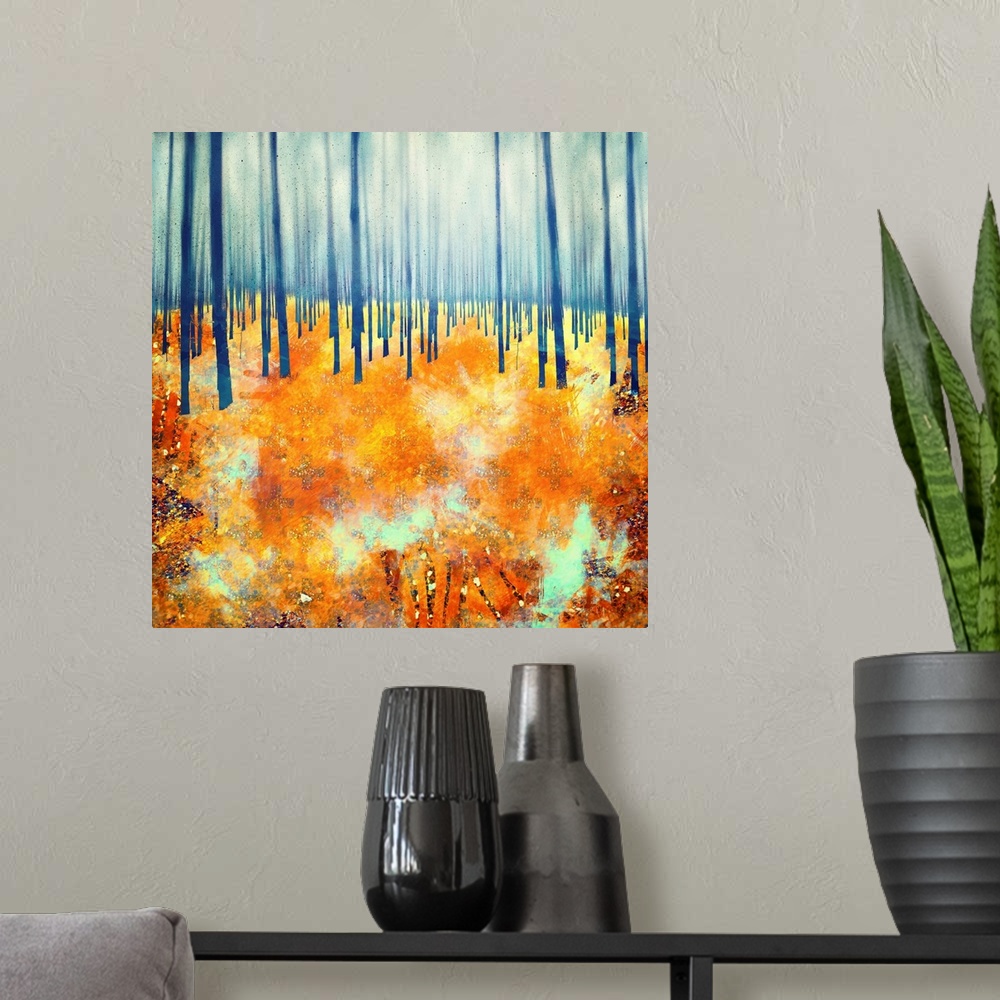 A modern room featuring Abstract depiction of a forest floor in late autumn with blue, orange and red.