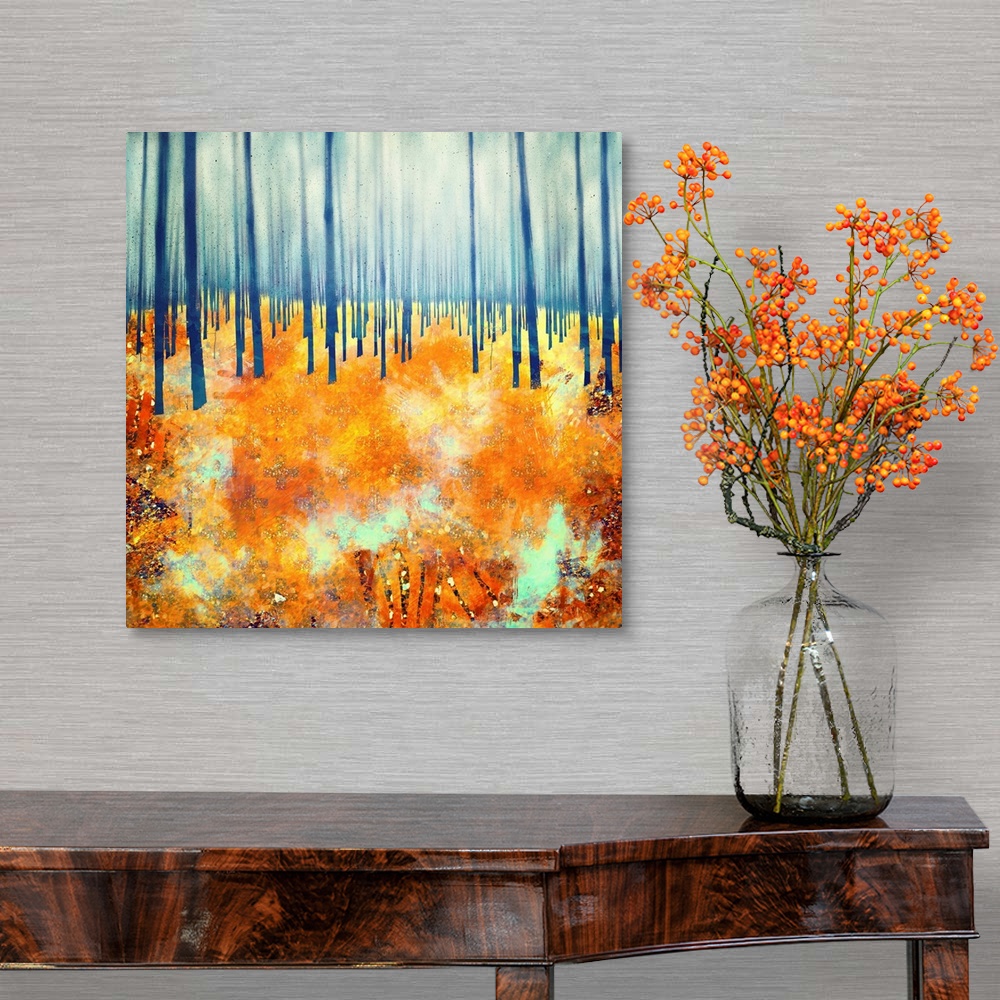 A traditional room featuring Abstract depiction of a forest floor in late autumn with blue, orange and red.