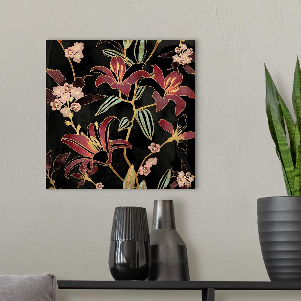 A modern room featuring Abstract depiction of a floral arrangements of lilies with black, gold, green and pink.