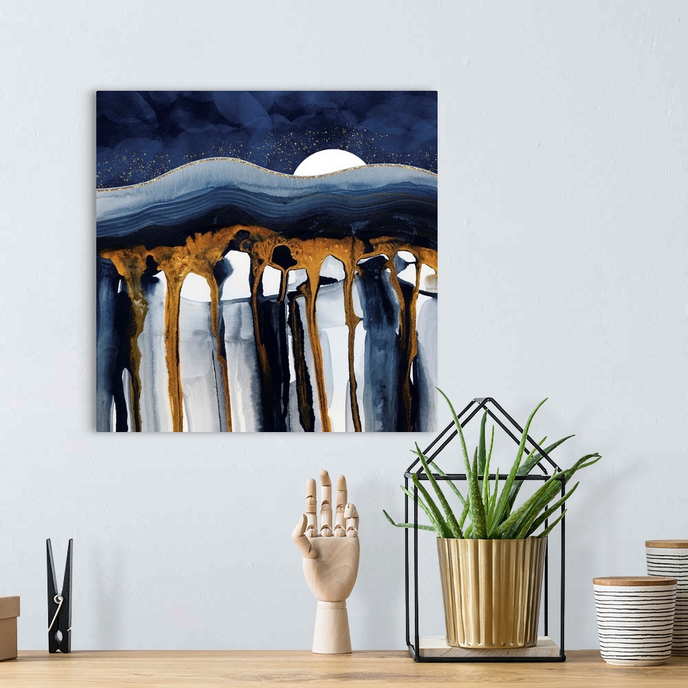A bohemian room featuring Abstract depiction of a landscape with liquid hills, blue, gold white.