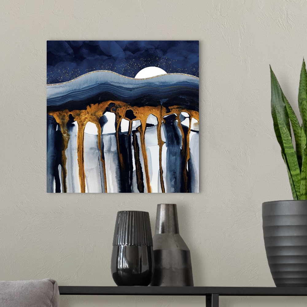 A modern room featuring Abstract depiction of a landscape with liquid hills, blue, gold white.