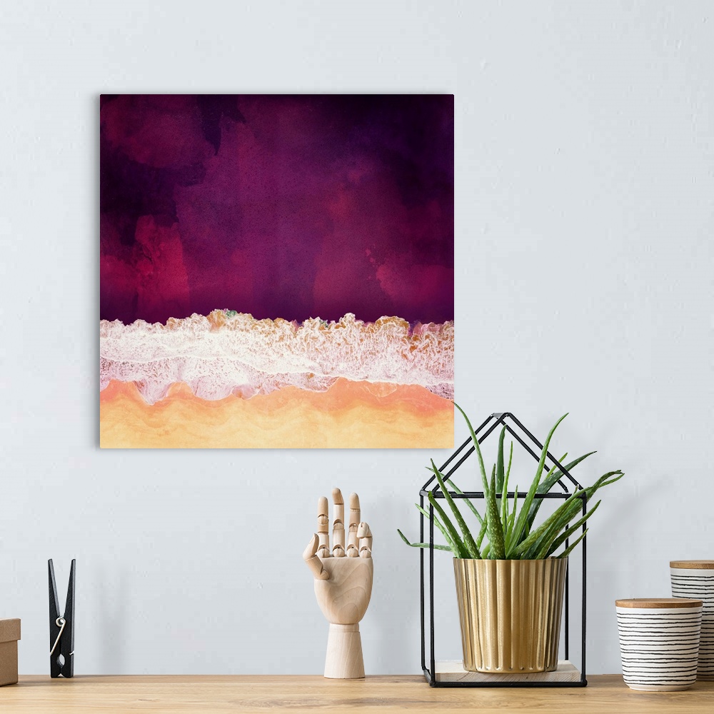 A bohemian room featuring Abstract depiction of a maroon ocean with sea foam, sand and purple.