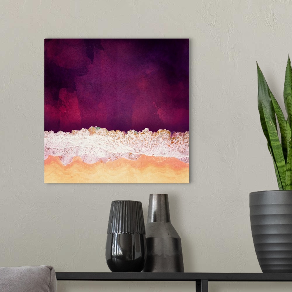 A modern room featuring Abstract depiction of a maroon ocean with sea foam, sand and purple.