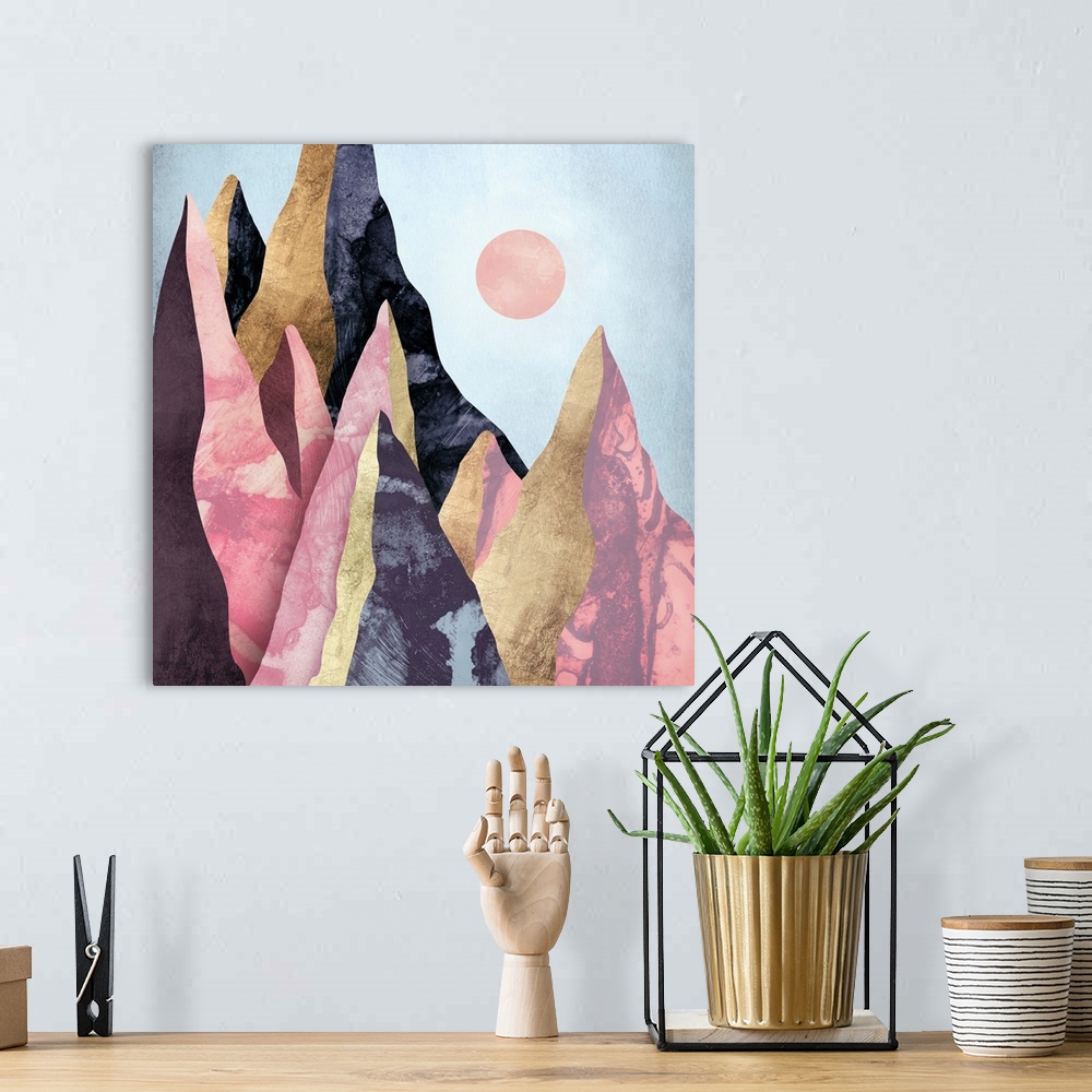 A bohemian room featuring Abstract depiction of mauve mountain peaks with gold, pink and grey.