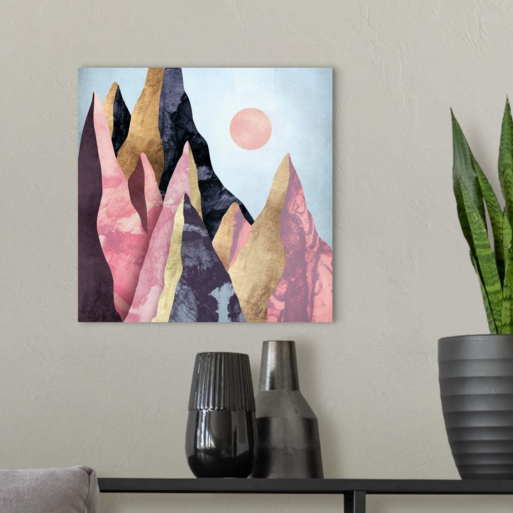 A modern room featuring Abstract depiction of mauve mountain peaks with gold, pink and grey.