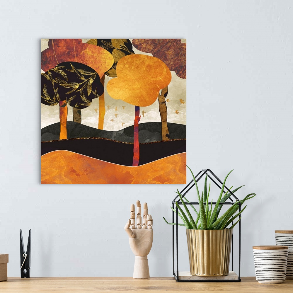 A bohemian room featuring Abstract depiction of a metallic forest with birds, orange, rust, black and gold.