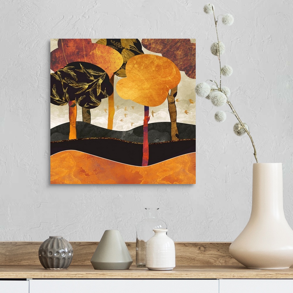 A farmhouse room featuring Abstract depiction of a metallic forest with birds, orange, rust, black and gold.