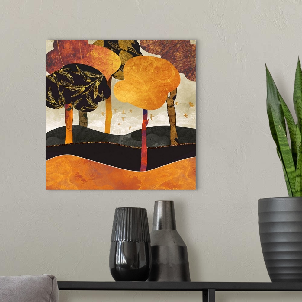 A modern room featuring Abstract depiction of a metallic forest with birds, orange, rust, black and gold.