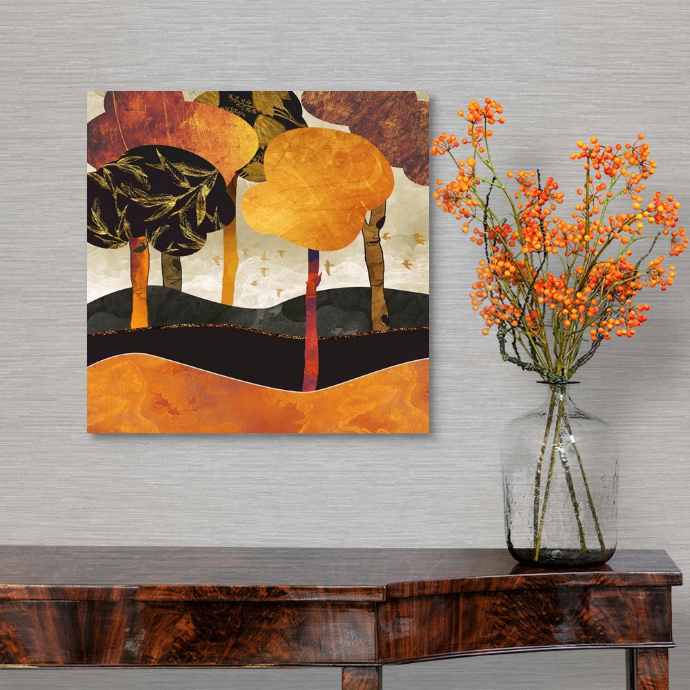 A traditional room featuring Abstract depiction of a metallic forest with birds, orange, rust, black and gold.
