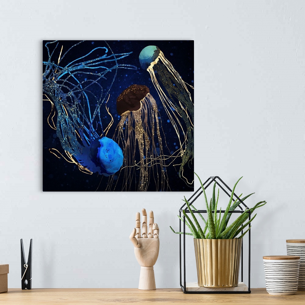A bohemian room featuring Abstract depiction of jellyfish with gold, blue, brown, teal, navy and water.