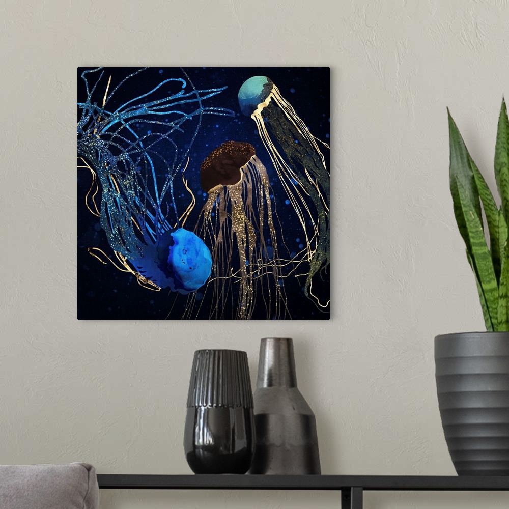 A modern room featuring Abstract depiction of jellyfish with gold, blue, brown, teal, navy and water.