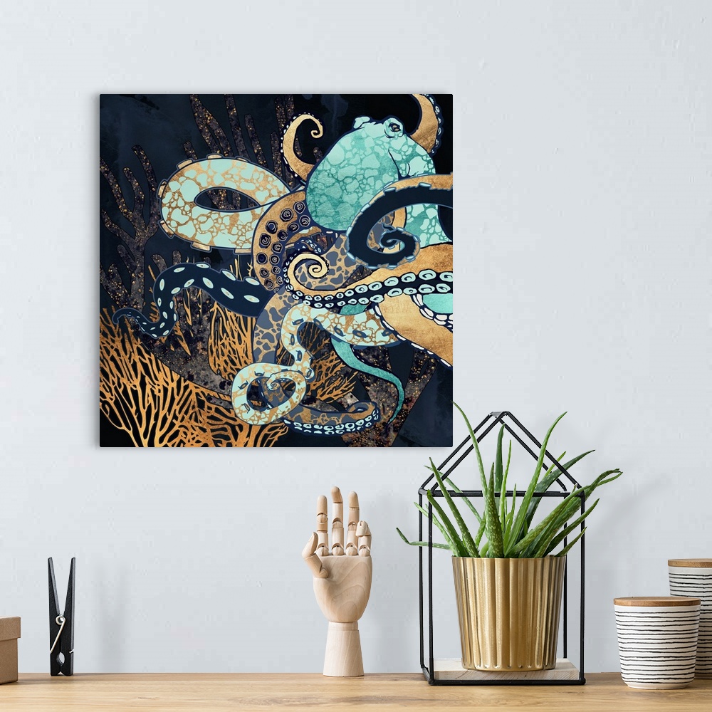 A bohemian room featuring Abstract underwater depiction of an octopus with coral, gold, blue, teal and texture.