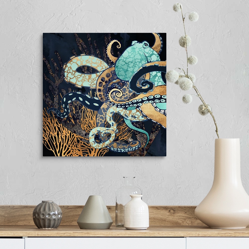 A farmhouse room featuring Abstract underwater depiction of an octopus with coral, gold, blue, teal and texture.