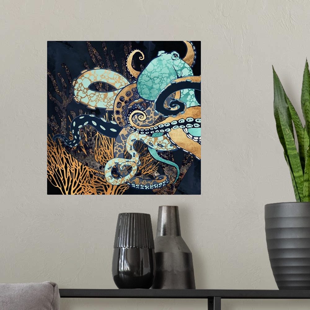 A modern room featuring Abstract underwater depiction of an octopus with coral, gold, blue, teal and texture.