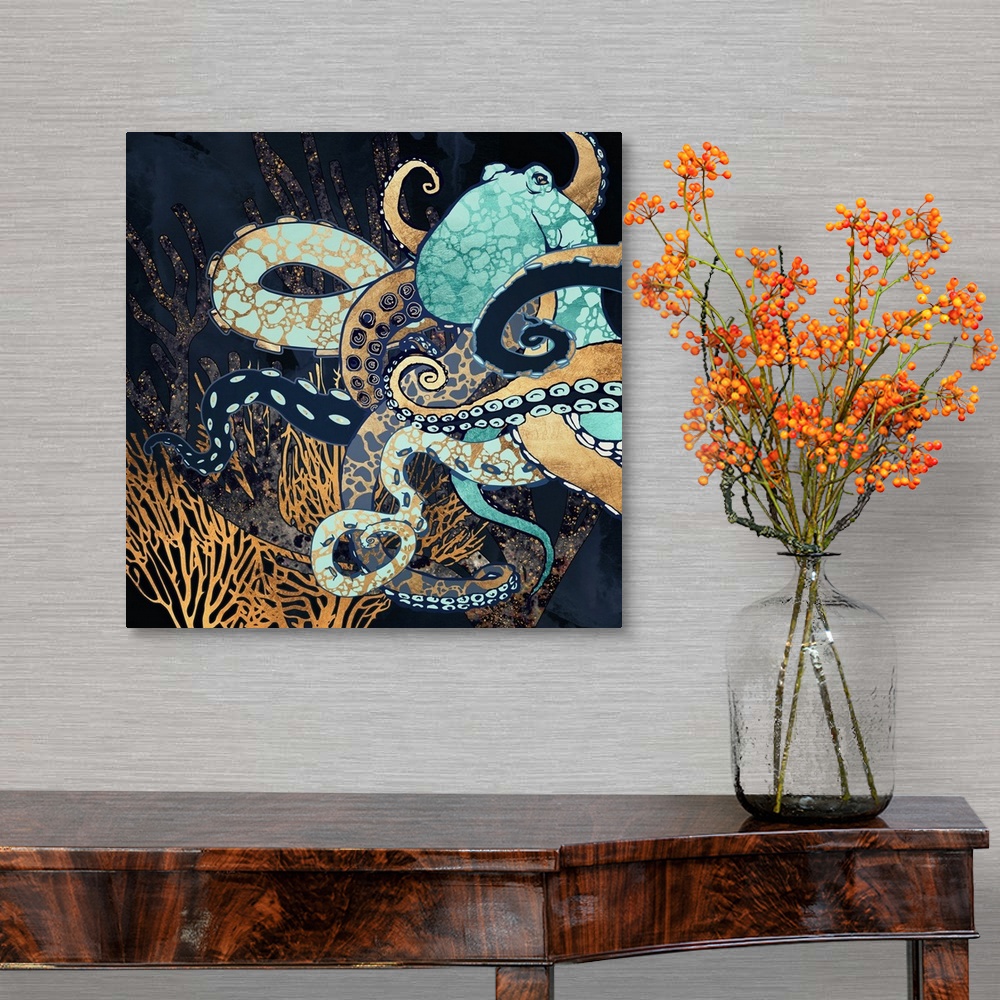 A traditional room featuring Abstract underwater depiction of an octopus with coral, gold, blue, teal and texture.