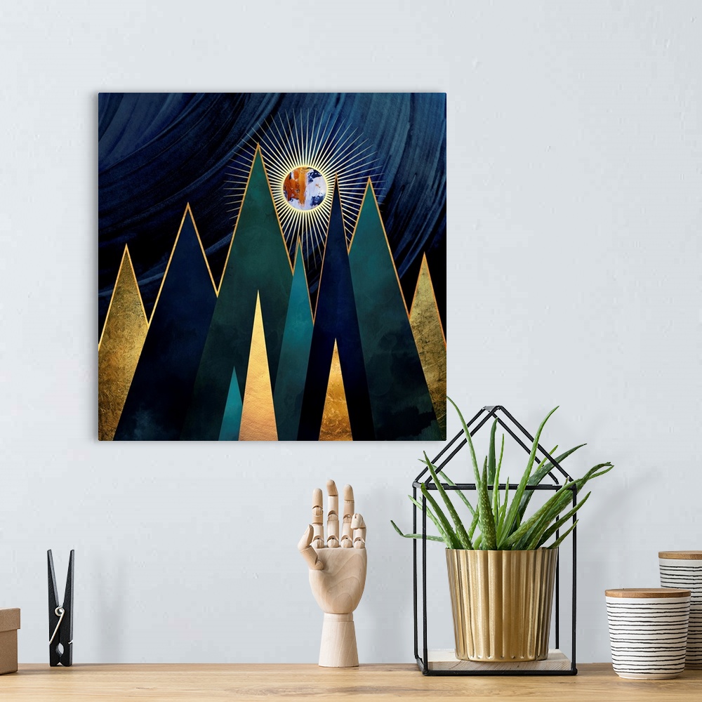 A bohemian room featuring Abstract depiction of metallic mountain peaks with blue, gold, green and teal.