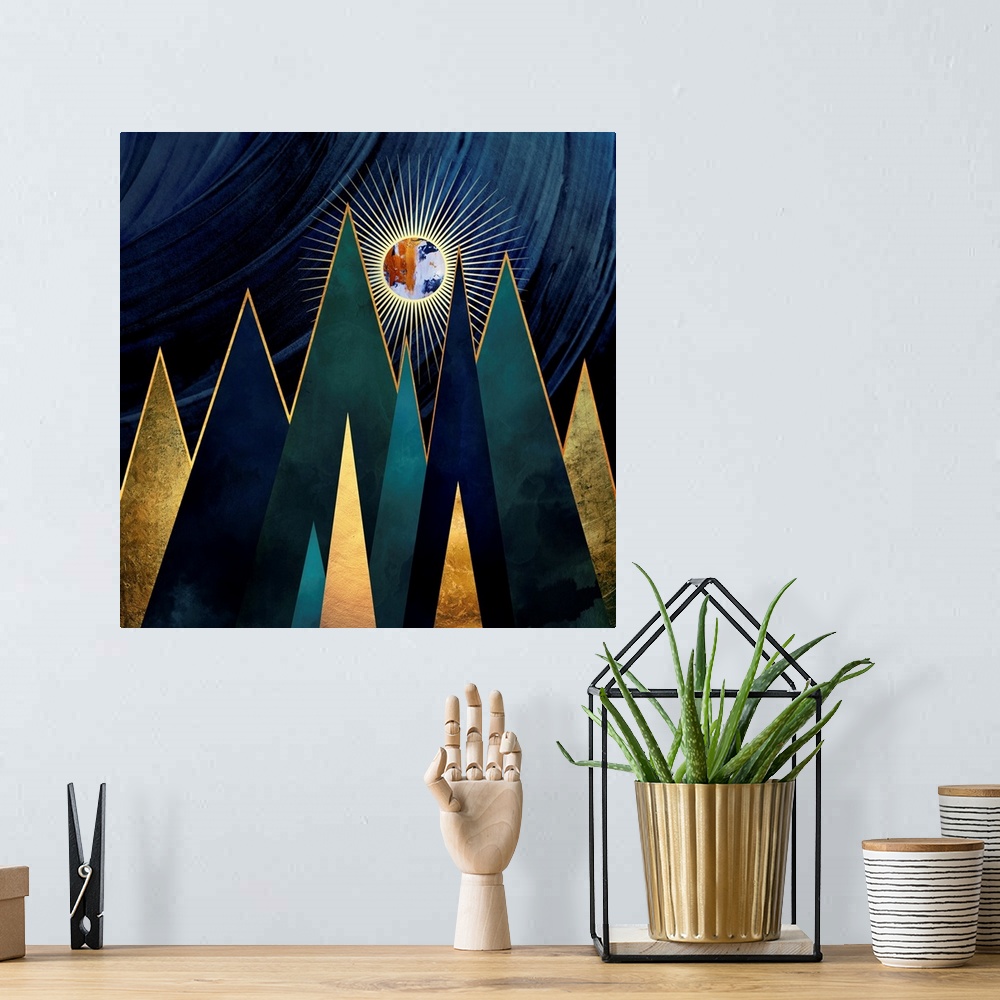 A bohemian room featuring Abstract depiction of metallic mountain peaks with blue, gold, green and teal.