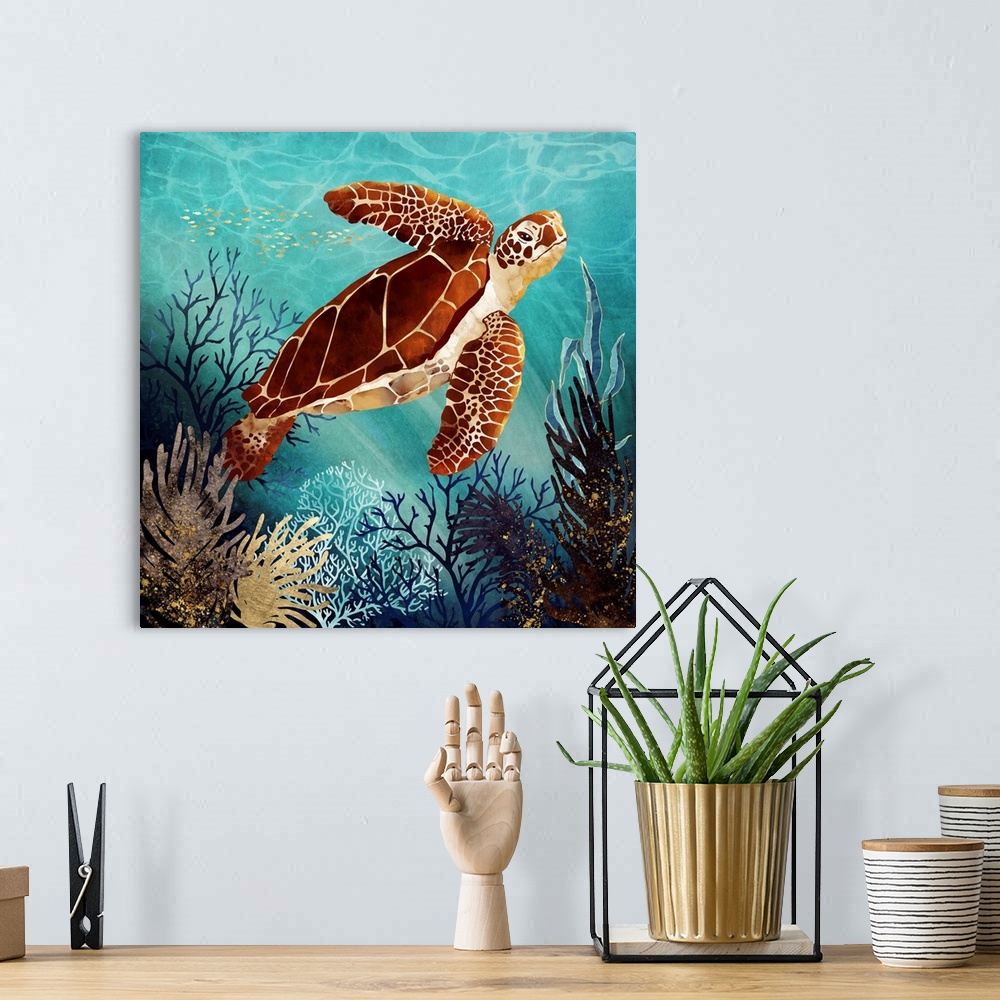 A bohemian room featuring Abstract underwater depiction of a sea turtle with coral, blue, aqua, gold and amber.