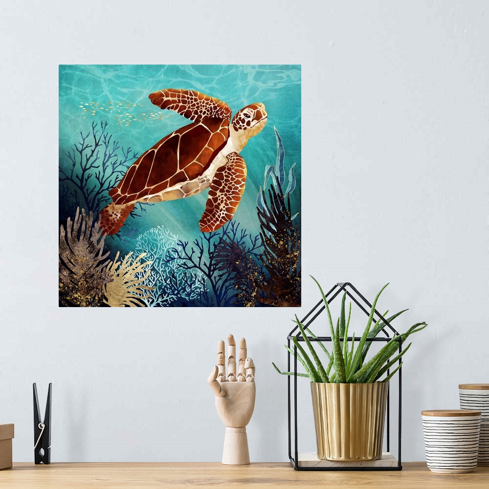 A bohemian room featuring Abstract underwater depiction of a sea turtle with coral, blue, aqua, gold and amber.