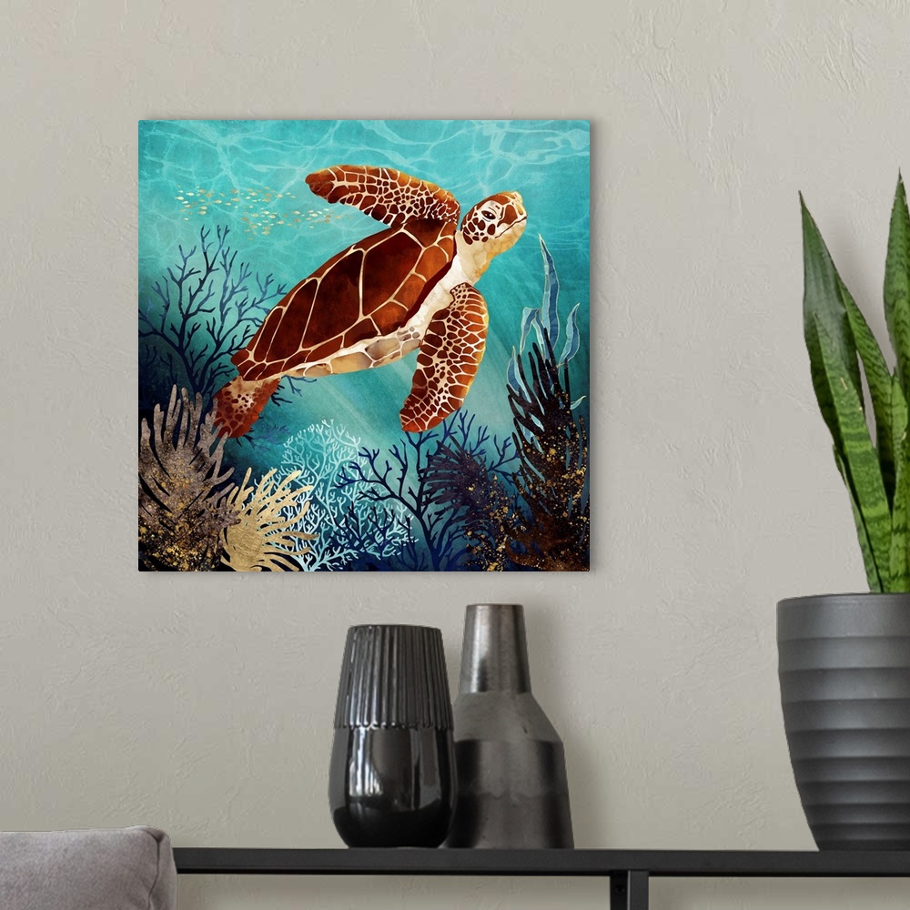 A modern room featuring Abstract underwater depiction of a sea turtle with coral, blue, aqua, gold and amber.