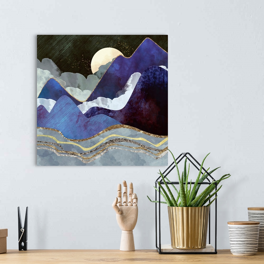 A bohemian room featuring Abstract landscape featuring rolling hills, gold, silver, purple and clouds.