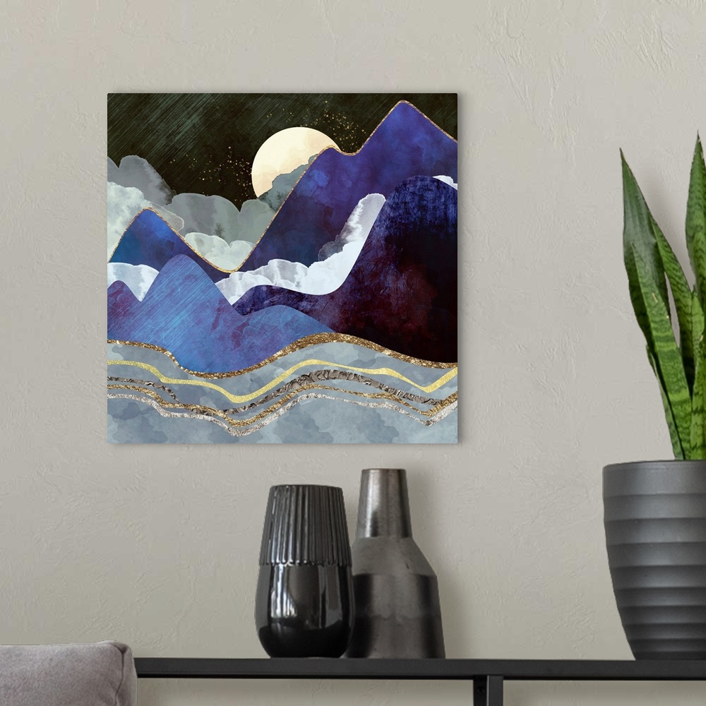 A modern room featuring Abstract landscape featuring rolling hills, gold, silver, purple and clouds.