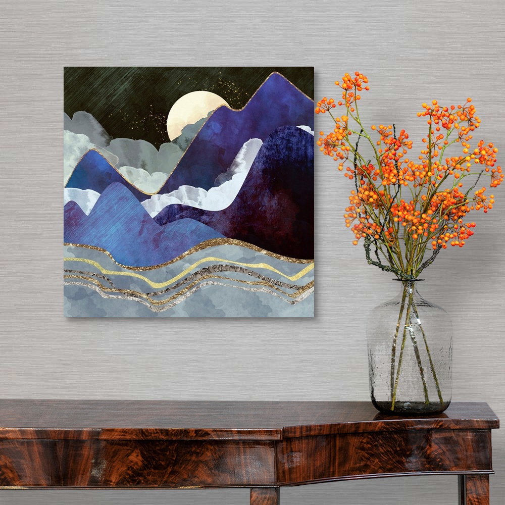 A traditional room featuring Abstract landscape featuring rolling hills, gold, silver, purple and clouds.