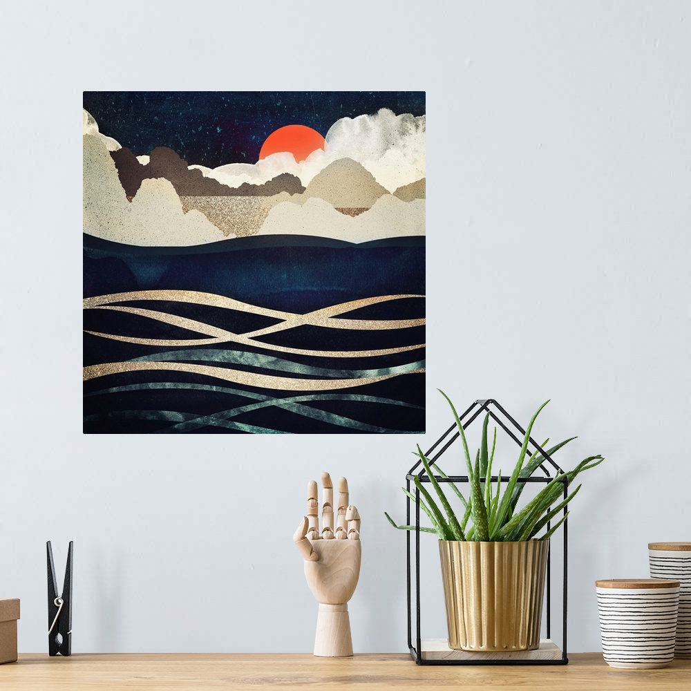 A bohemian room featuring Abstract depiction of beach at midnight with hills, waves, gold, blue and orange.